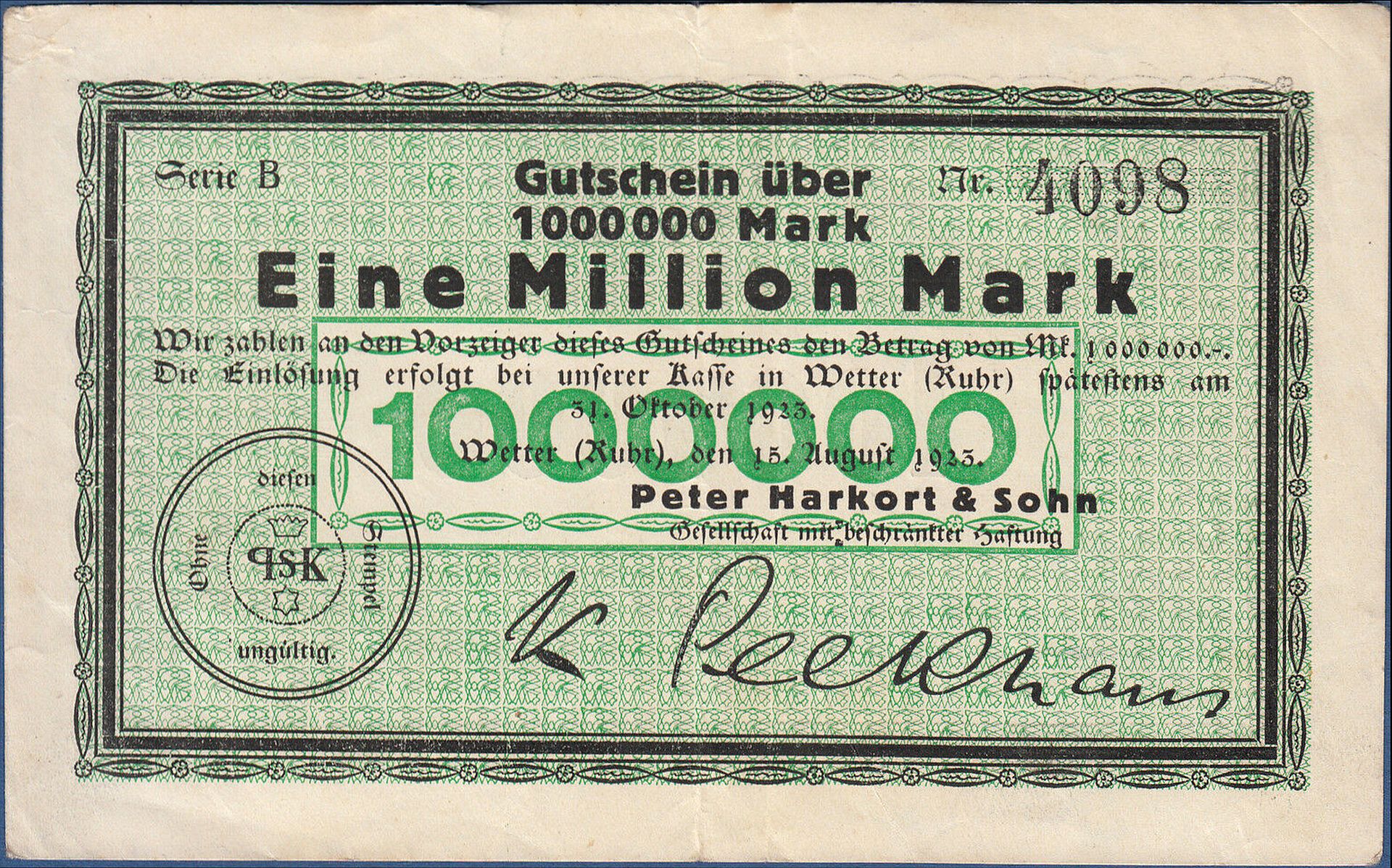 Notgeldgutschein über 1 Million Mark von Peter Harkort und Sohn von 1923