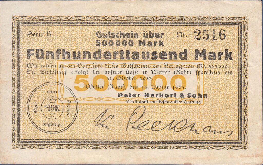 Notgeld über 500.000 Mark der Firma Peter Harkort und Sohn von 1923