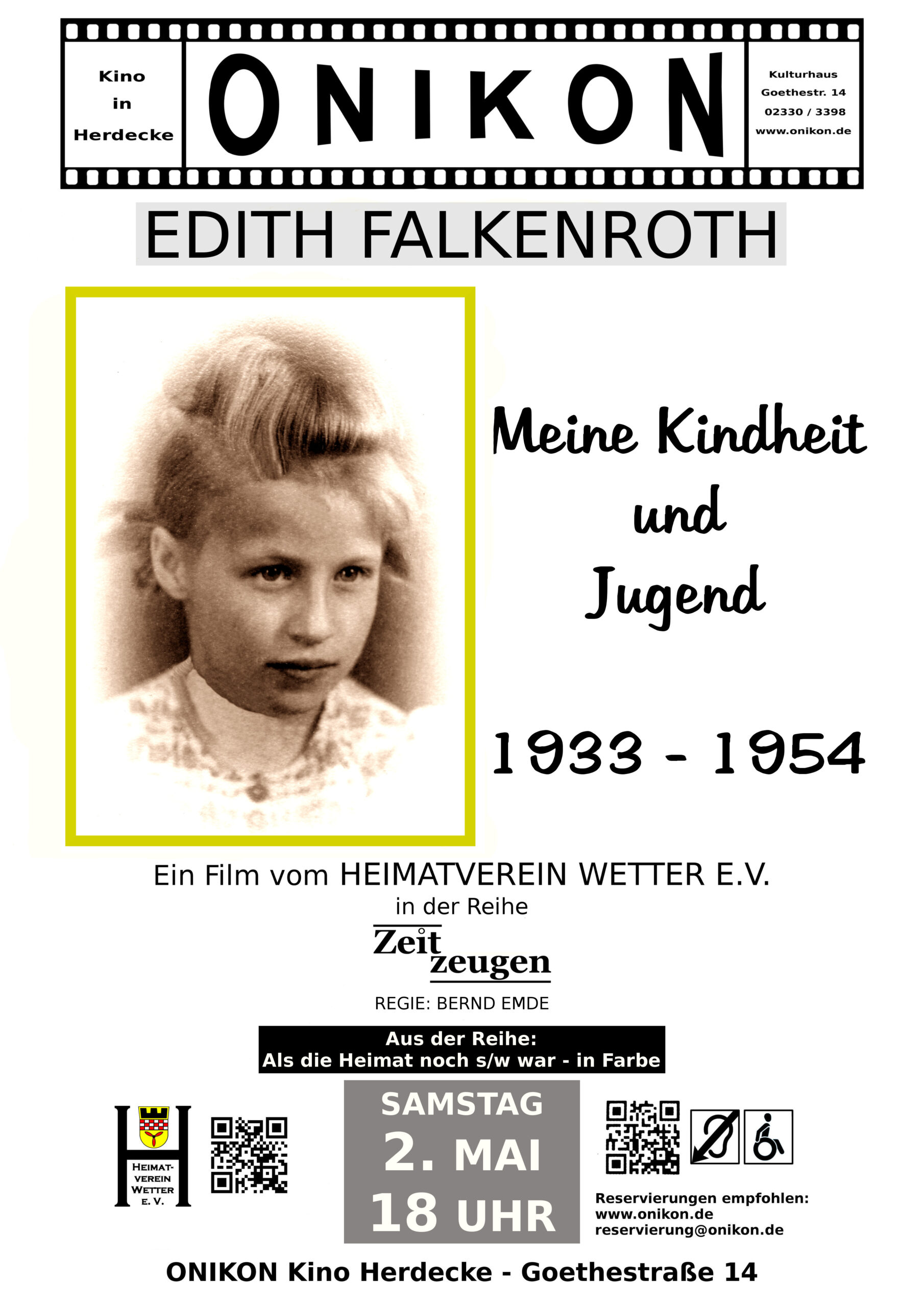 Filmplakat für den Zeitzeugenfilm mit Edith Falkenroth am 2. Mai 2026 im Onikon Herdecke